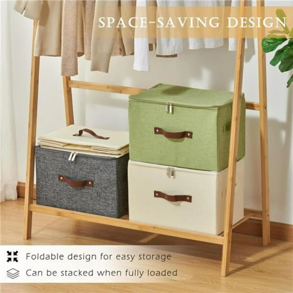 Fabric storage bin with zipper lid foldable closet organizer box with handles